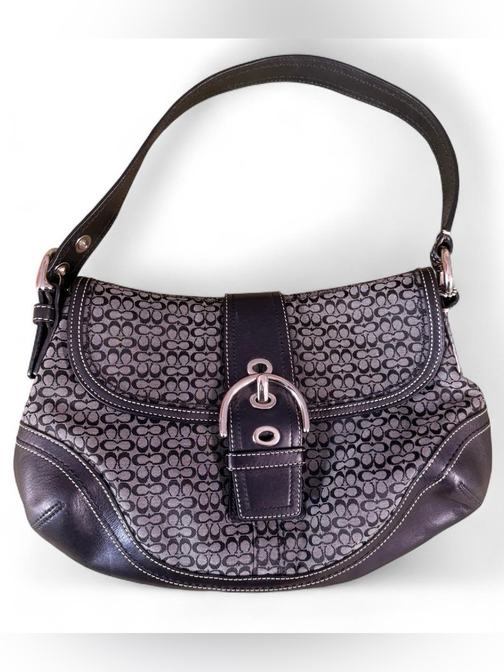 Coach Signature Jacquard and Dark Brown Leather Shoulder Bag